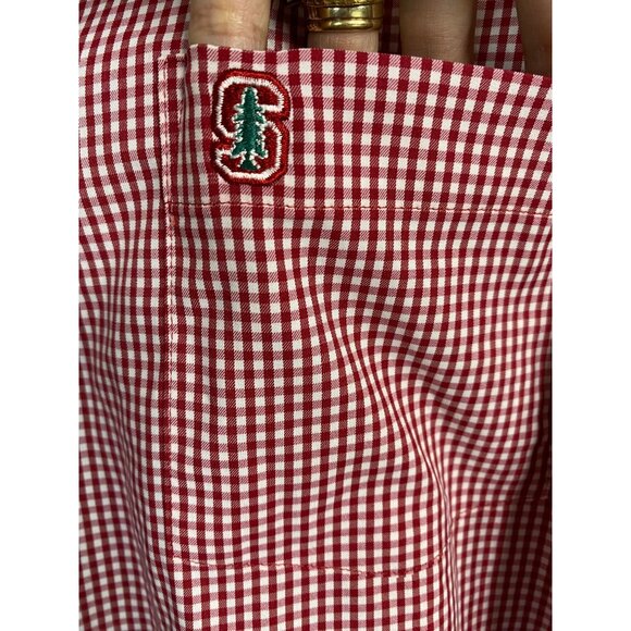 Peter Millar Mens Red Gingham Button Up Shirt size Large Cardinal Stanford Logo - Picture 6 of 15